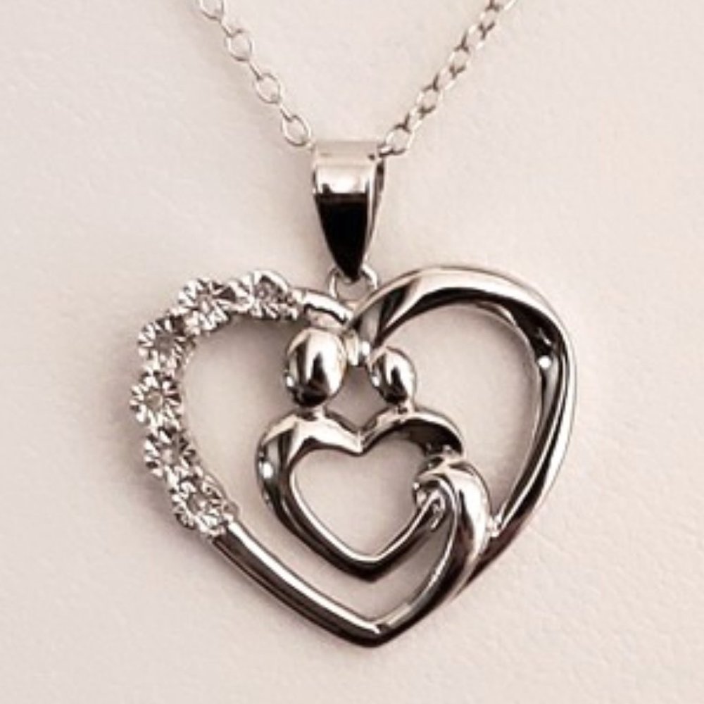 Mother's Day Heart Pendent w 6 Diamond & 18 Inch Chain in 925 Silver-Rhodium